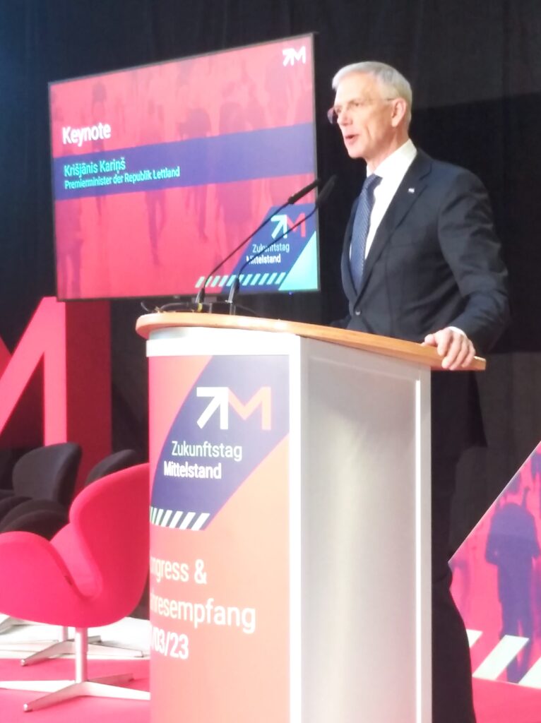 Photo of the Prime Minister of Latvia, Krisjanis Karins speaking at the SME Future day event held by BVMW in Berlin